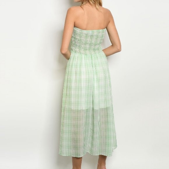 Strapless Sundress Multicolor Plaid Green White Maxi Summer Dress - Picture 2 of 8